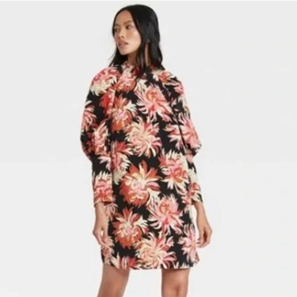 Who What Wear Floral Puff Sleeve Mini Dress 70s Retro Romantic Chic Bold Print M - Picture 1 of 16